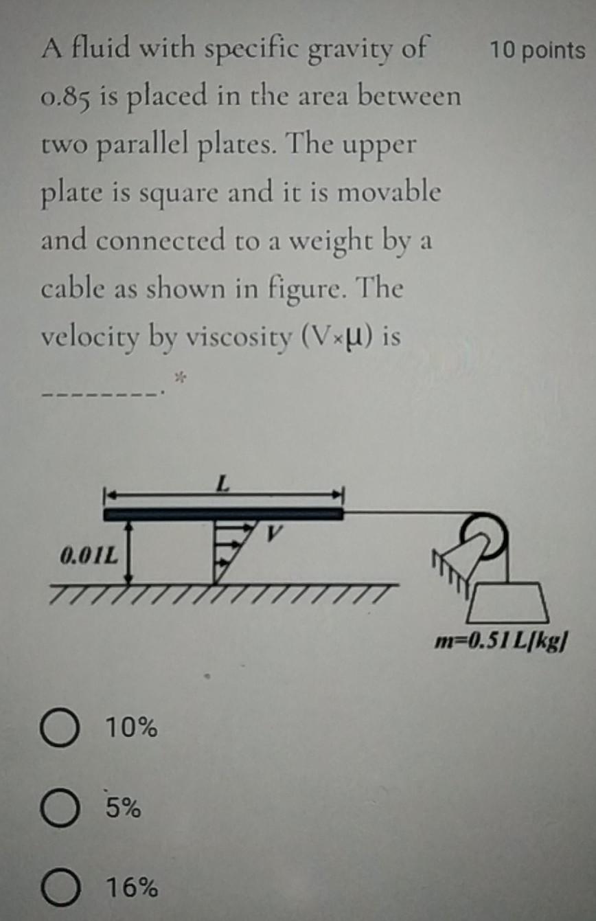 Solved 10 points A fluid with specific gravity of 0.85 is | Chegg.com