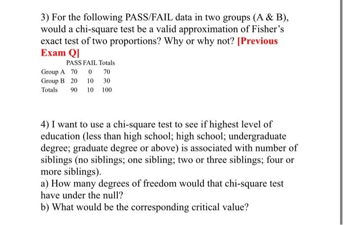 Solved 3) For the following PASS/FAIL data in two groups (A | Chegg.com