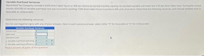 Solved Variable Overhead Variances favorable or | Chegg.com