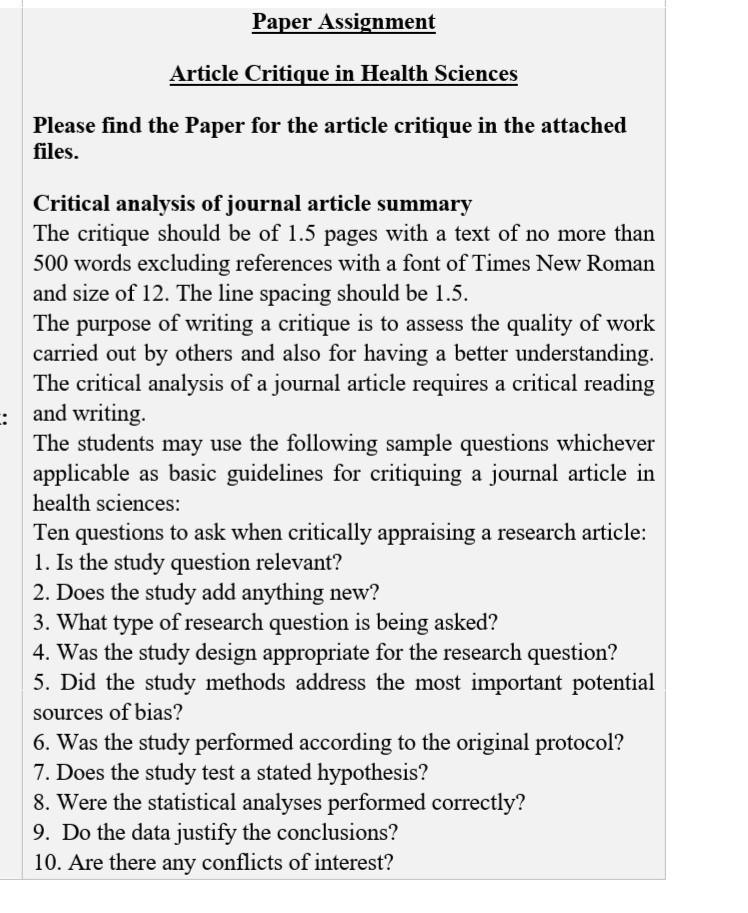 Paper Assignment Article Critique in Health Sciences | Chegg.com