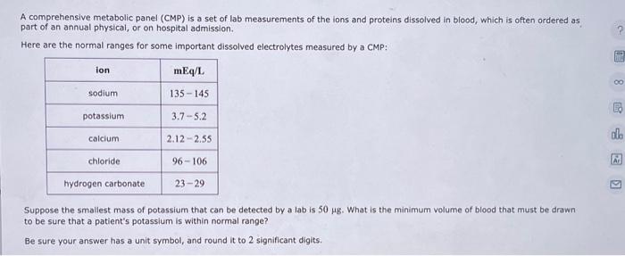 Solved A comprehensive metabolic panel (CMP) is a set of lab | Chegg.com