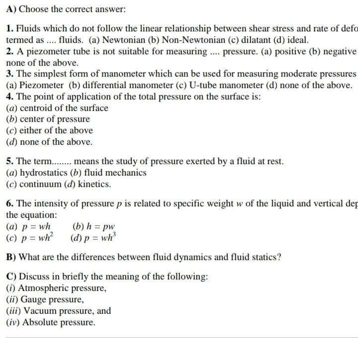 Solved A) Choose The Correct Answer: 1. Fluids Which Do Not | Chegg.com