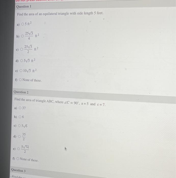 find the area of an equilateral triangle with side length 5 feet