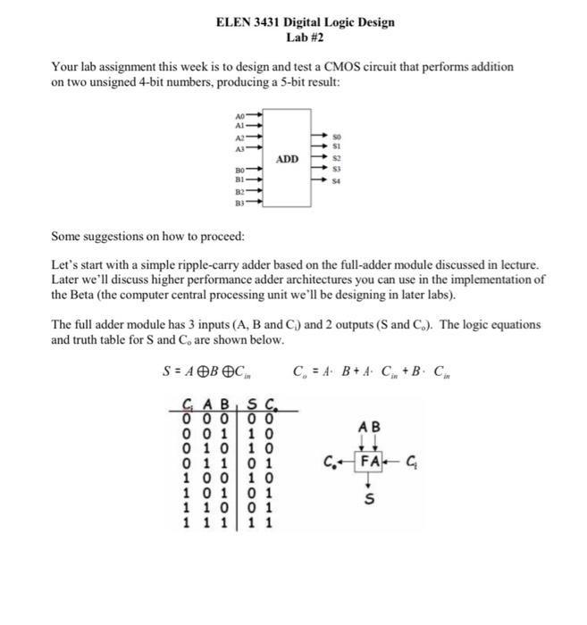 Solved ELEN 3431 Digital Logic Design Lab 2 Your lab