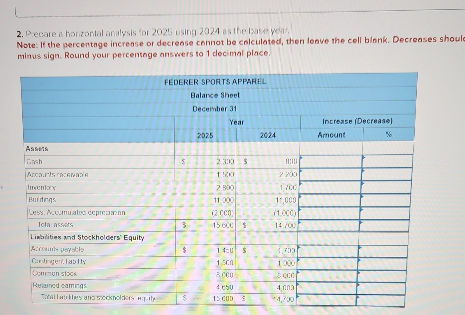 Solved 2. Prepare a horizontal analysis tor 2025 using 2024