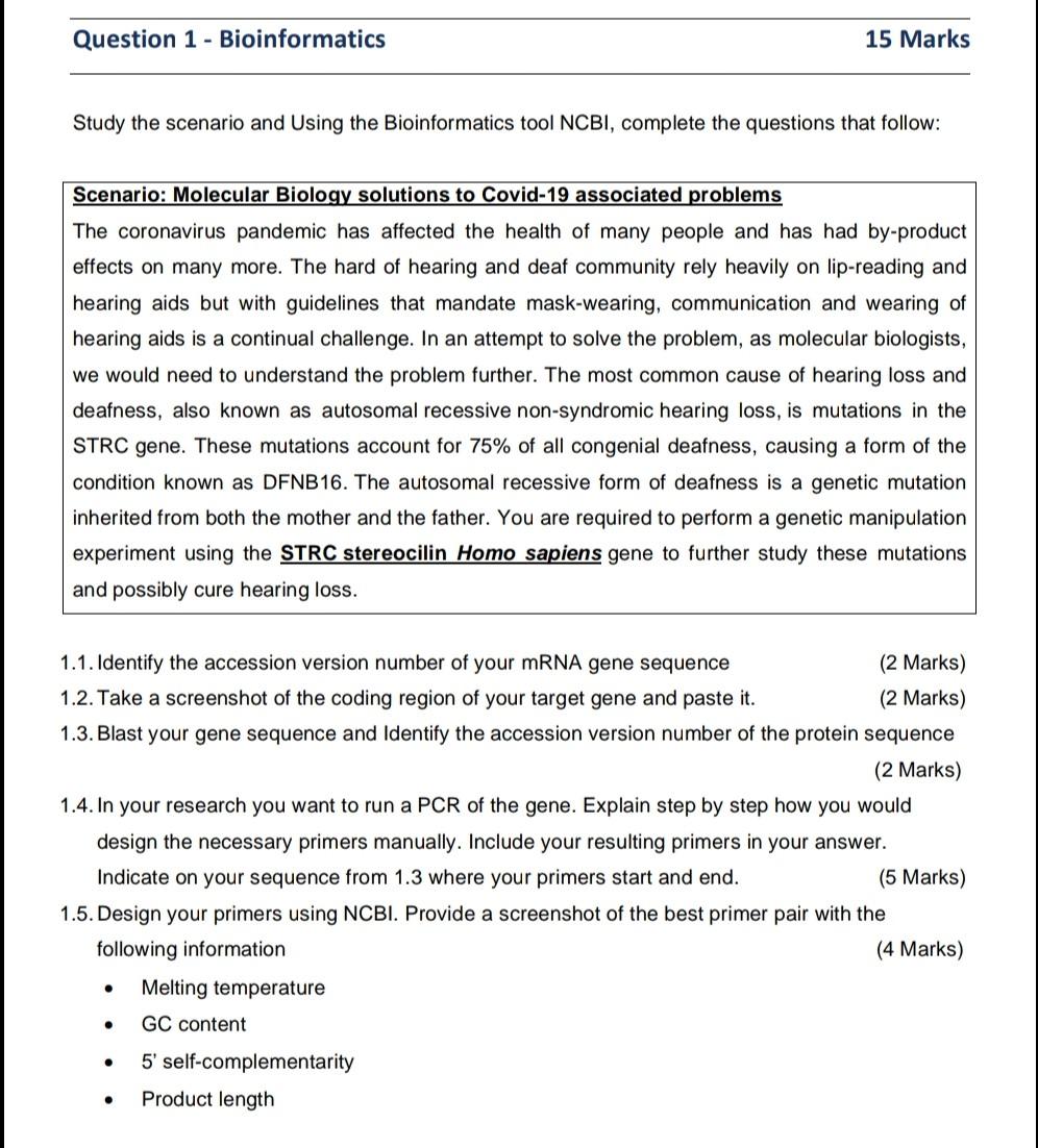 Solved Question 1 - Bioinformatics 15 Marks Study the | Chegg.com