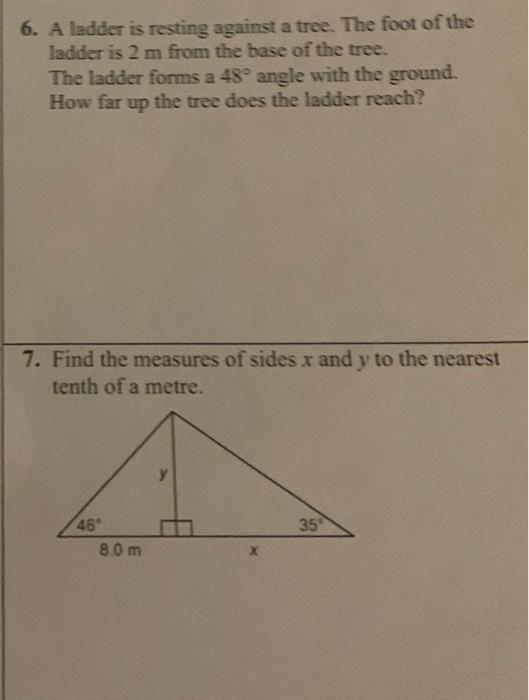 Solved 6. A ladder is resting against a tree. The foot of | Chegg.com