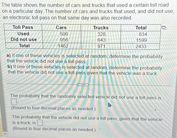 Solved The Table Shows The Number Of Cars And Trucks That | Chegg.com