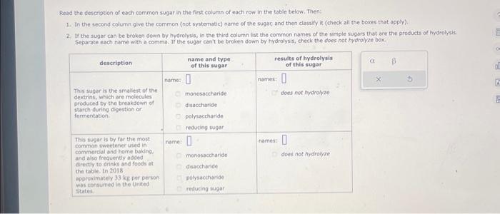 Fead the description of each common sugar in the | Chegg.com