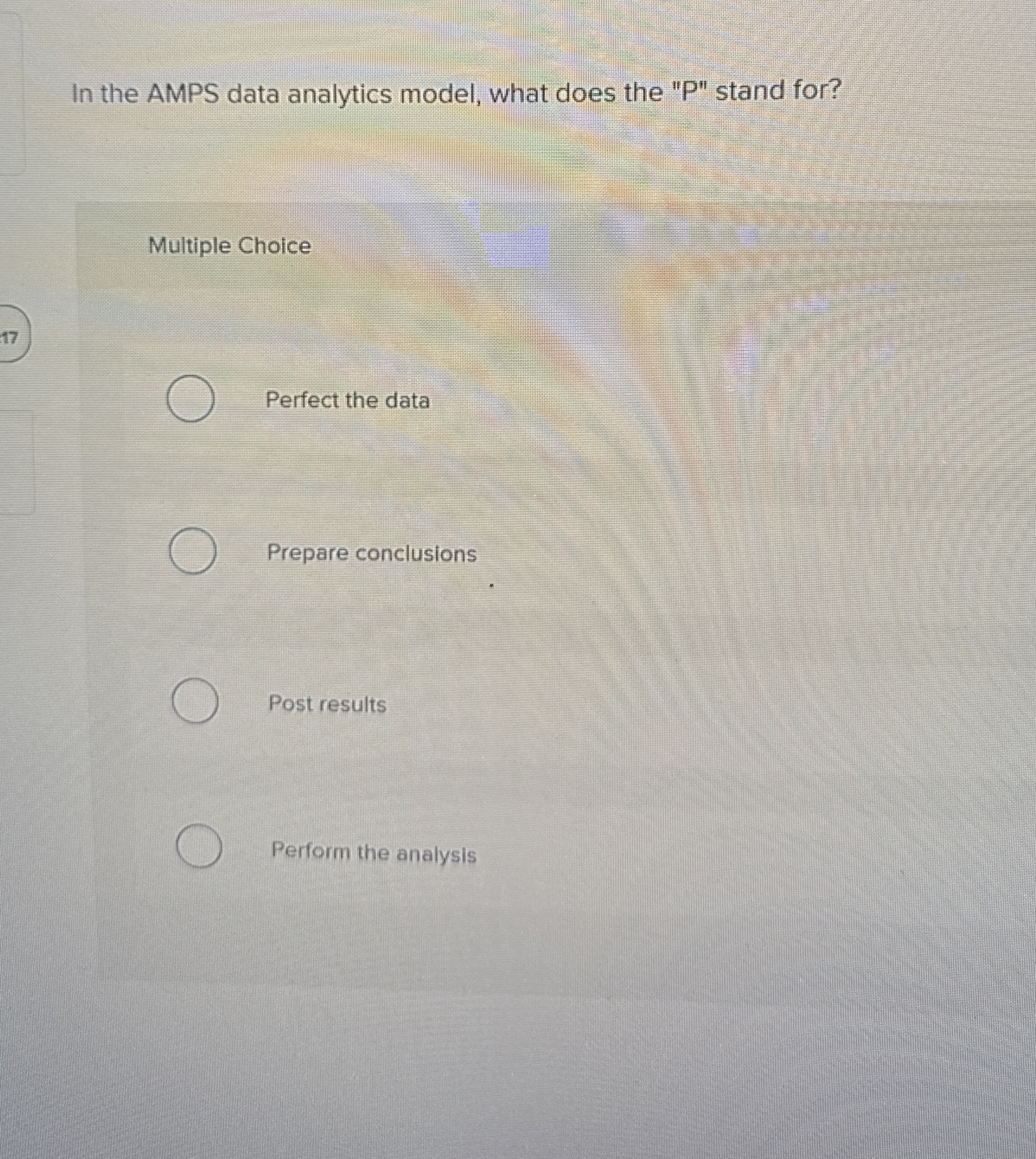 Solved In the AMPS data analytics model, what does the 