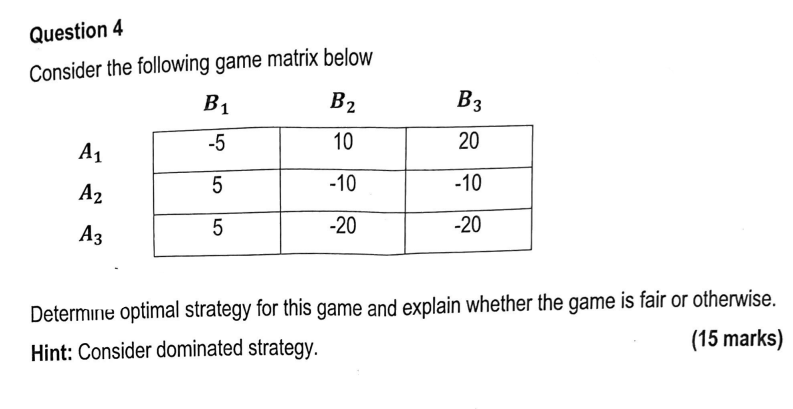 Solved Question 4Consider the following game matrix | Chegg.com