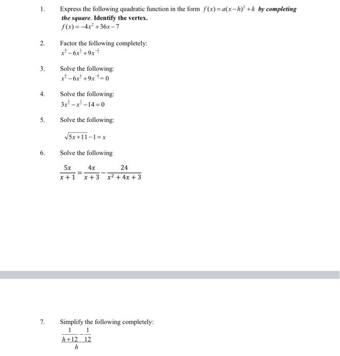 Solved 1. Express the following quadratic function in the | Chegg.com