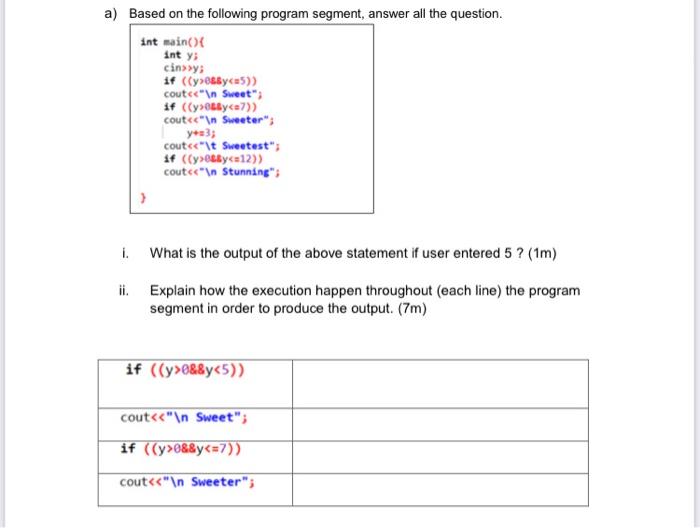 Solved int y a) Based on the following program segment, | Chegg.com