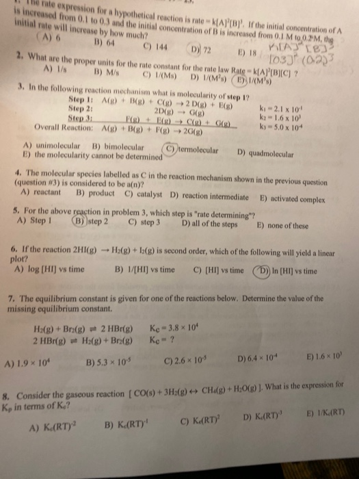 Solved The Rate Expression For A Hypothetical Reaction Is Chegg Com