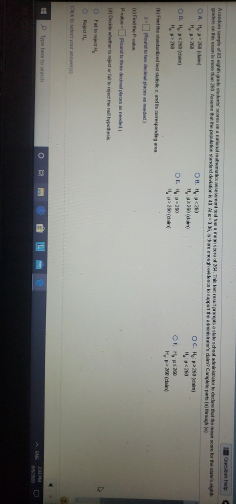 Solved Question Help A random sample of 83 eighth grade | Chegg.com