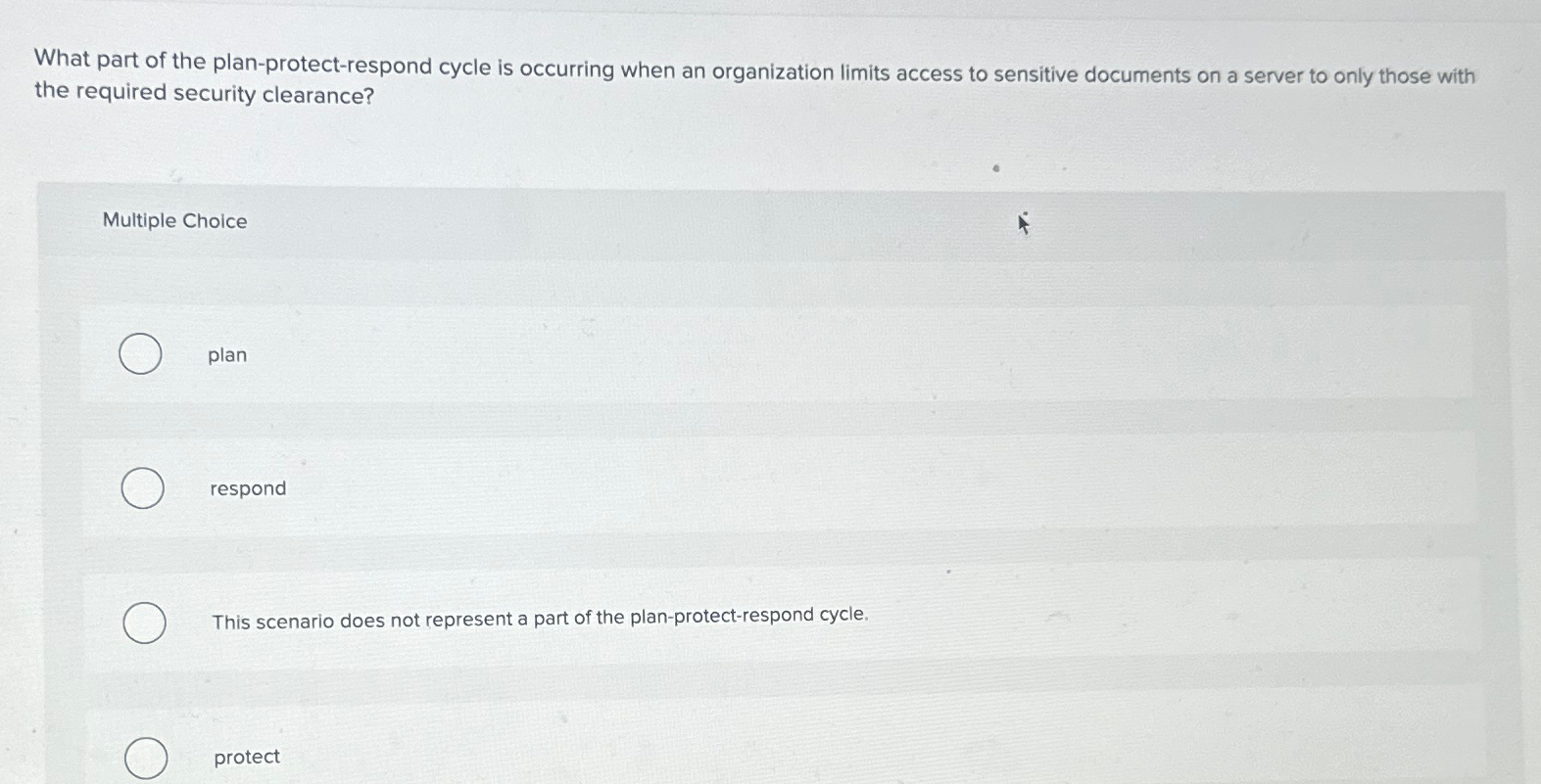 Solved What part of the plan-protect-respond cycle is | Chegg.com