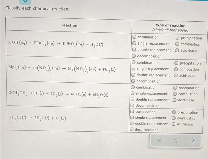 Classify each chemical reaction:
reaction
KOH(aq) + HBrO (aq) ? KBrO (aq) + H?0 (1)
-
Mgl (aq) + Pb(NO?)?(aq) ? Mg(NO?)? (aq)