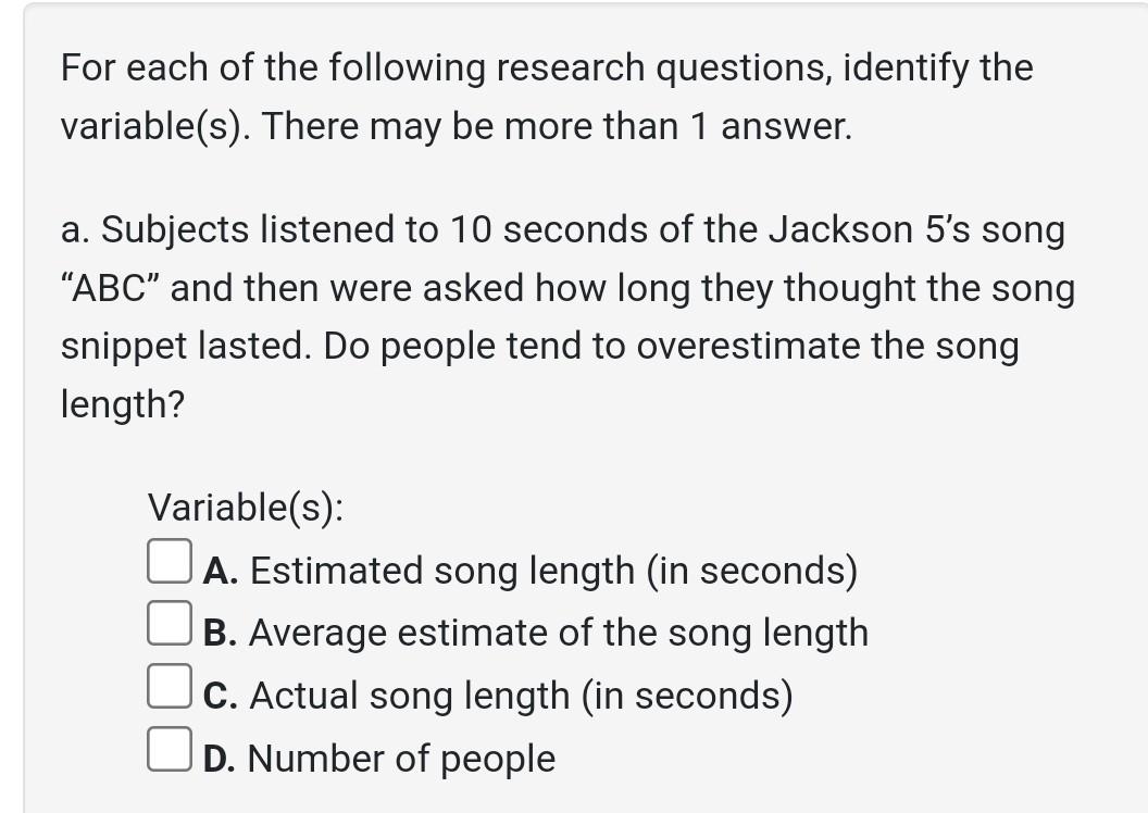 Solved For each of the following research questions, | Chegg.com