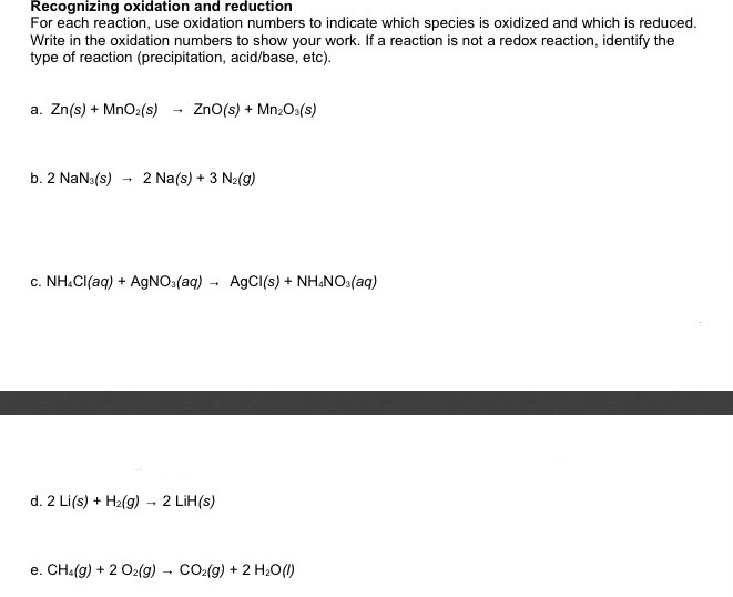 Solved Recognizing oxidation and reduction For each