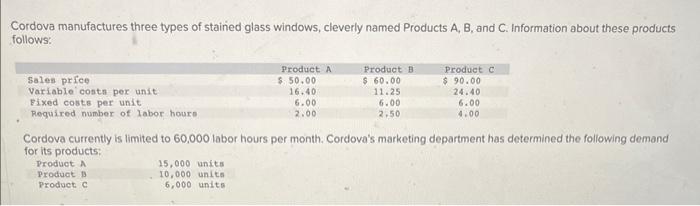 Solved Cordova manufactures three types of stained glass | Chegg.com