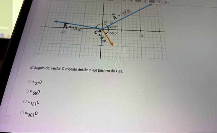 \( E l \) ángulo del vector \( C \) medido desde el eje positivo de \( x \) es: a. 310 b. 590 c. 1210 d. 3010