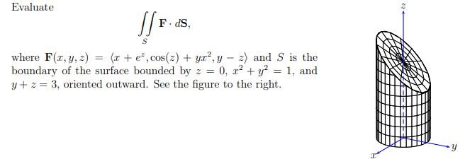 Evaluate∬SF*dSwhere F(x,y,z)=(:x+ez,cos(z)+yx2,y-z:) | Chegg.com