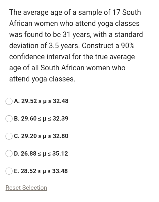 Solved The average age of a sample of 17 South African women | Chegg.com