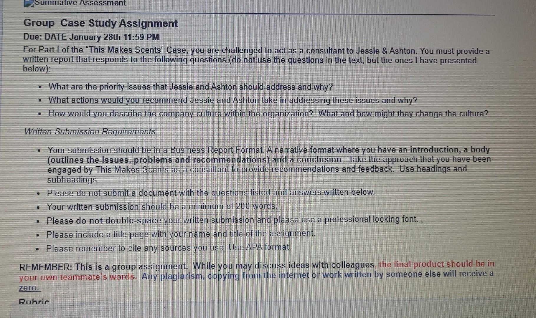 Solved Group Case Study Assignment Due: DATE January 28th | Chegg.com