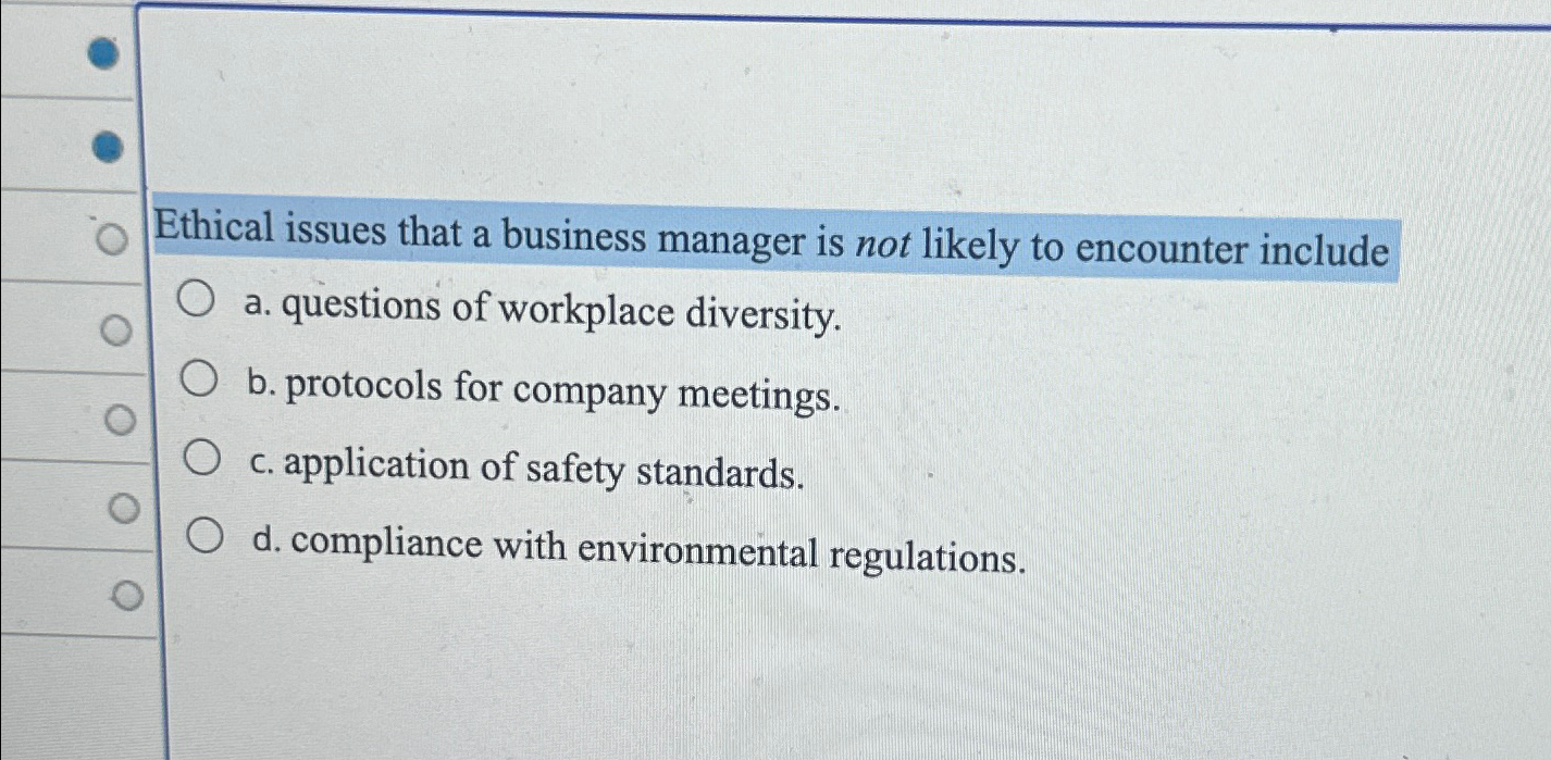 Solved Ethical issues that a business manager is not likely | Chegg.com