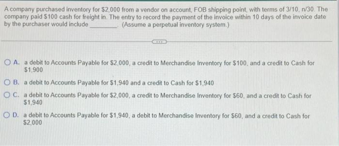 Solved A Company Purchased Inventory For $2,000 From A | Chegg.com