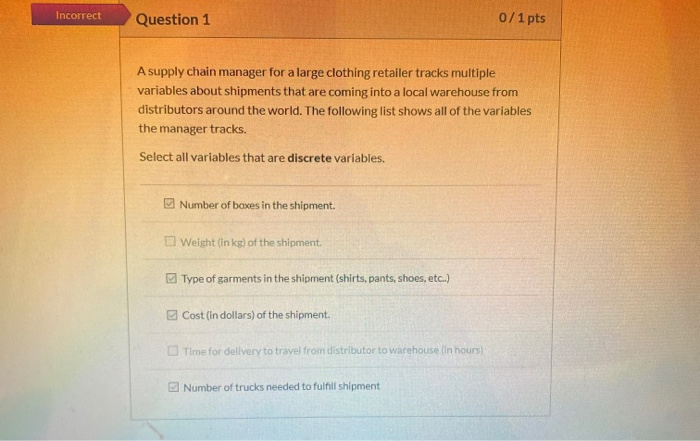 Solved Incorrect Question 1 o/1 pts A supply chain manager | Chegg.com