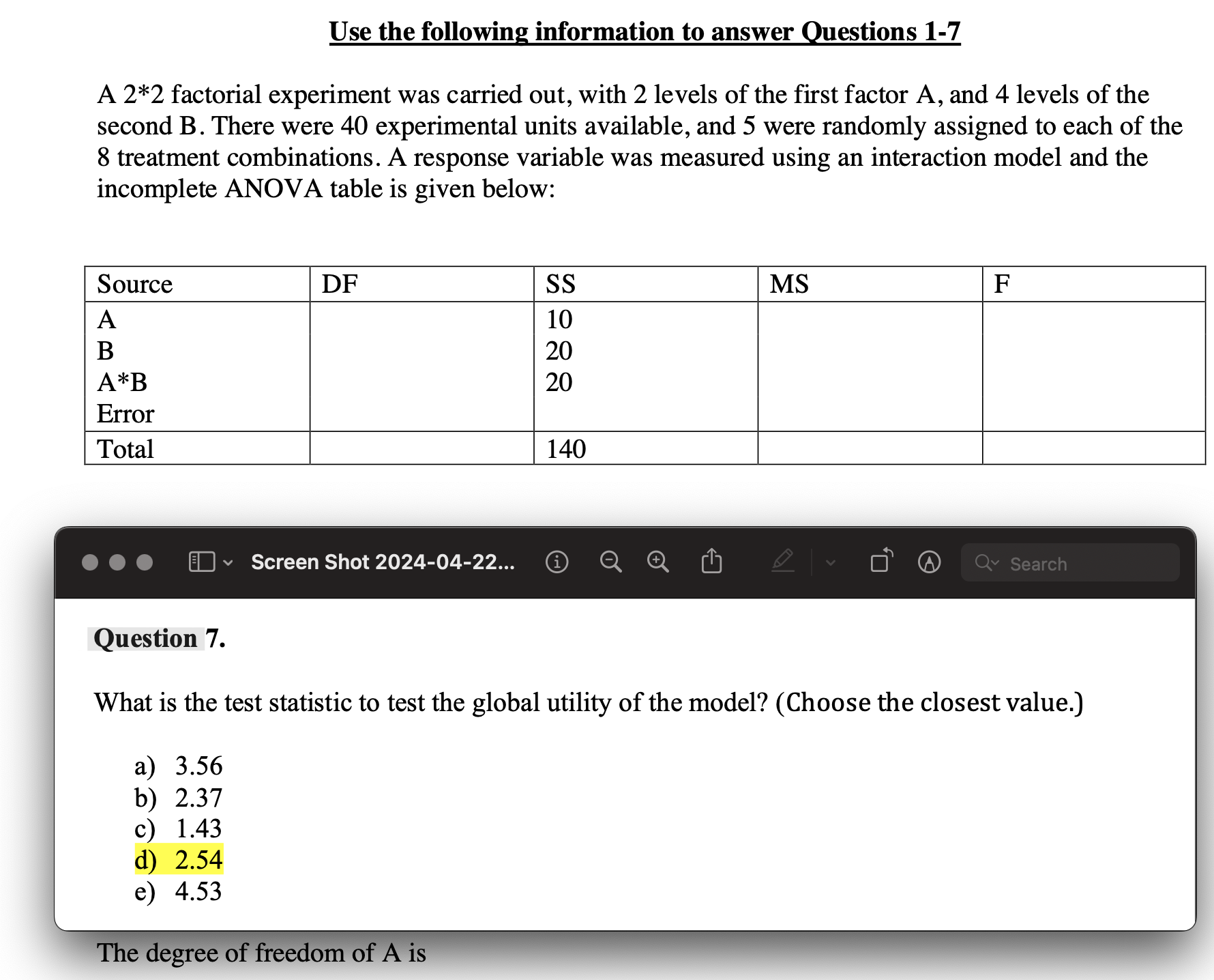 Solved Question 7.What is the test statistic to test the | Chegg.com