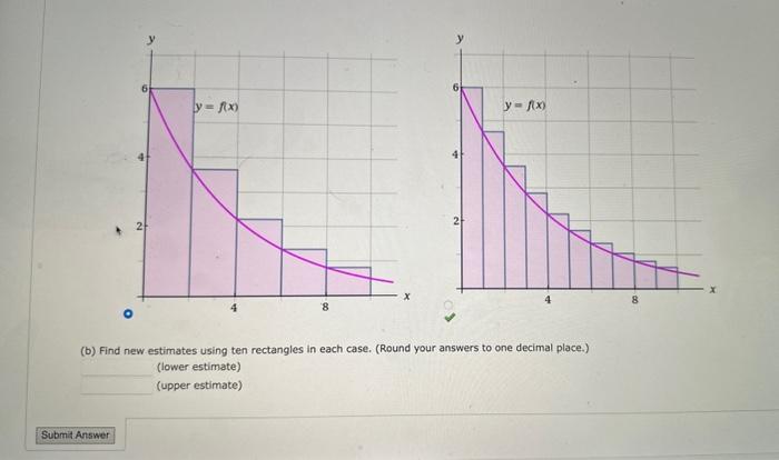 (b) Find new estimates using ten rectangles in each case. (Round your answers to one decimal place.)
(lower estimate)
(upper
