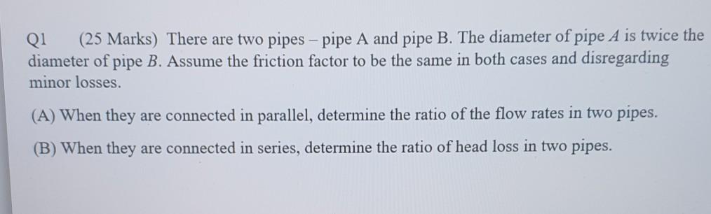 Solved Q1 (25 Marks) There are two pipes - pipe A and pipe | Chegg.com