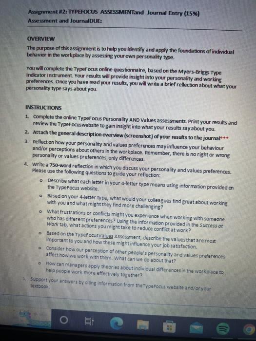 Assignment #2: TYPEFOCUS ASSESSMENTand Journal Entry | Chegg.com