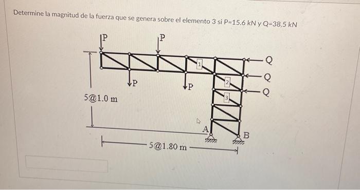 Determine la magnitud de la fuerza que se genera sobre el elemento 3 si \( P=15.6 \mathrm{kN} \) y \( Q=38.5 \mathrm{kN} \)