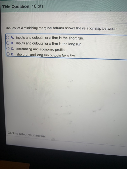 Solved This Question: 10 pts The law of diminishing marginal | Chegg.com