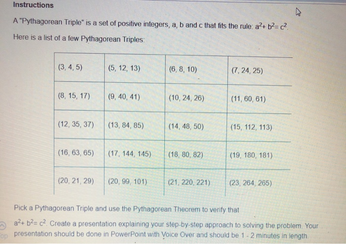 Solved Instructions A "Pythagorean Triple" is a set of | Chegg.com