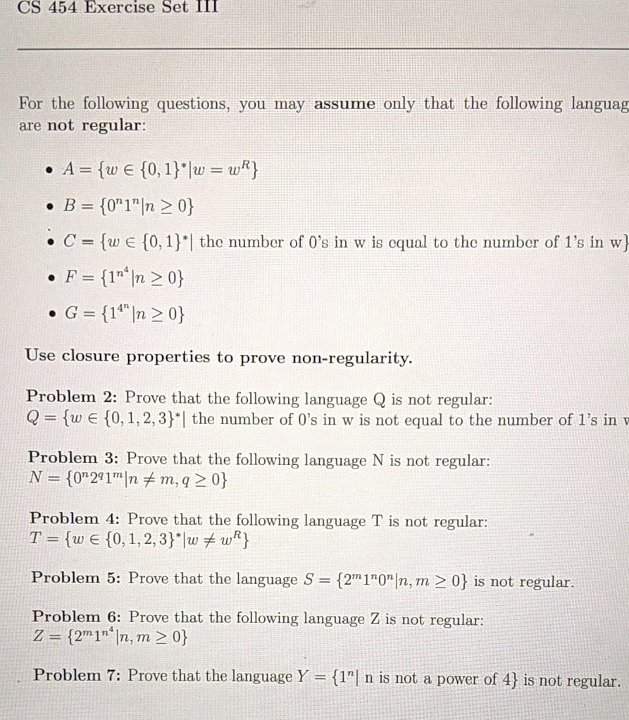 Solved Cs 454 Exercise Set Iii For The Following Question Chegg Com