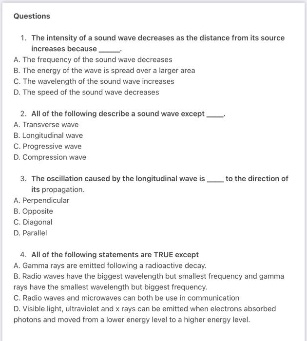 Solved Questions 1. The Intensity Of A Sound Wave Decreases | Chegg.com