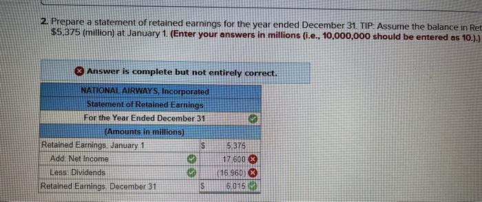 2. Prepare a statement of retained earnings for the year ended December 31. TIP: Assume the balance in Ret
$5,375 (million) a