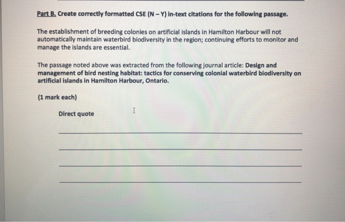 Solved Part B. Create correctly formatted CSE (N-Y) in-text | Chegg.com