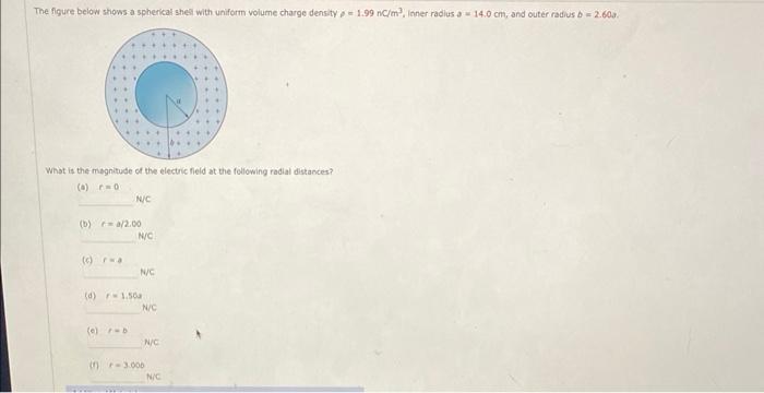 The figure below shows a spherical shel with uniform volume charge density \( \rho=1.99 \) nCim \( { }^{3} \), itner radlus \