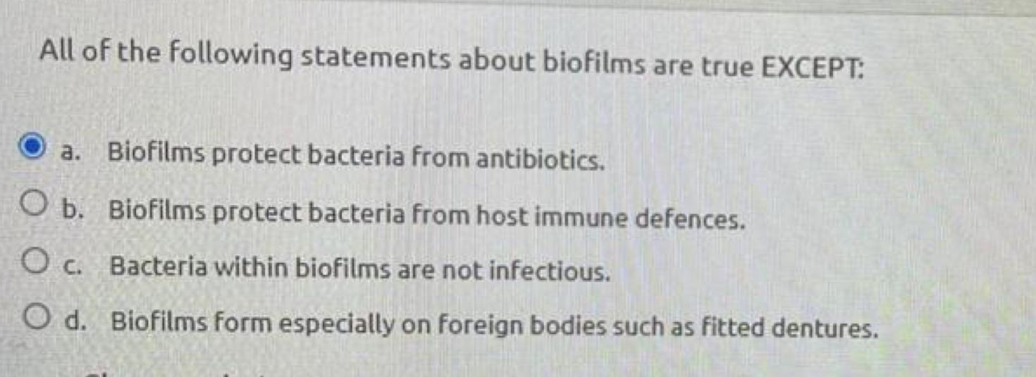 Solved All of the following statements about biofilms are | Chegg.com