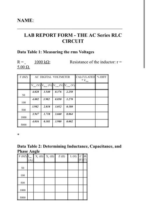 Solved NAME LAB REPORT FORM THE AC Series RLC CIRCUIT