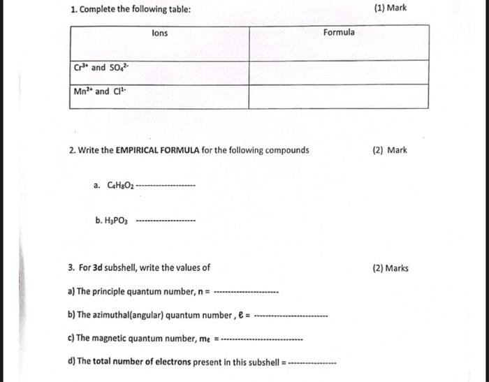 Solved 1. Complete the following table: (1) Mark lons | Chegg.com