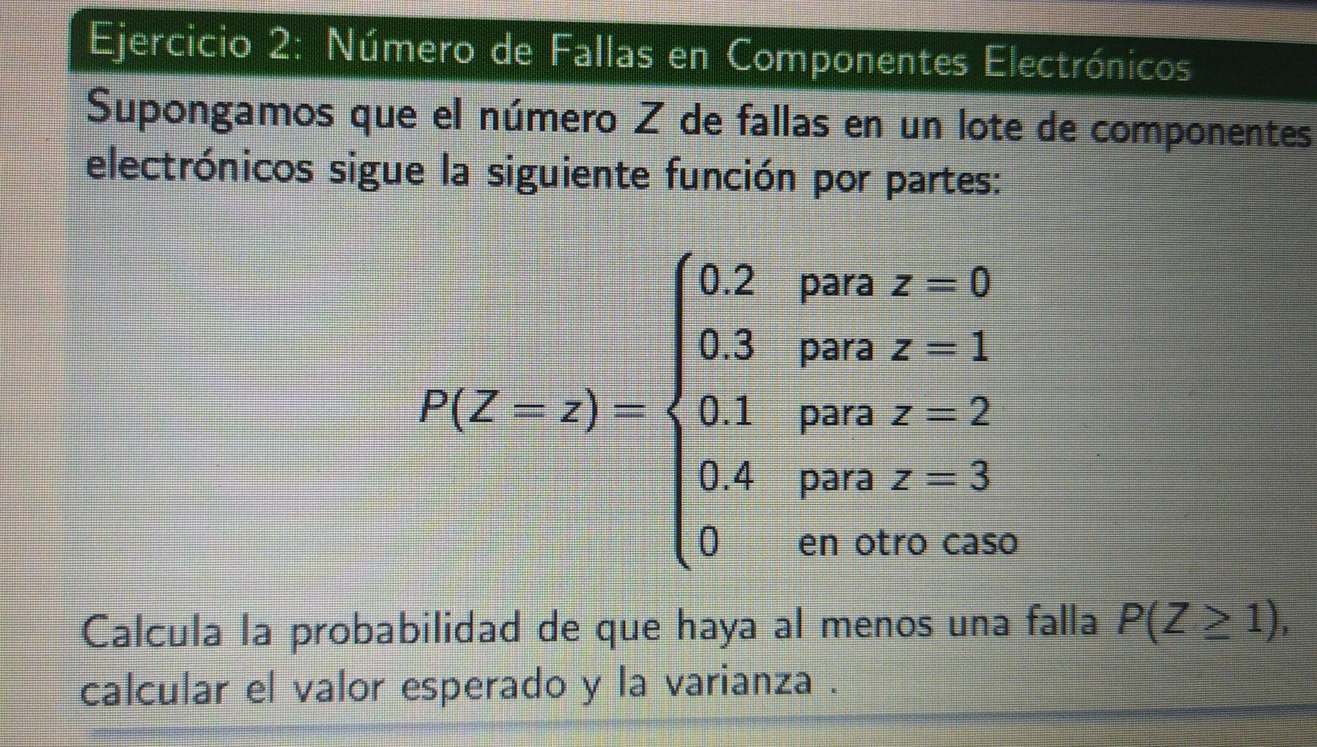 Ejercicio 2: Número de Fallas en Componentes Electrónicos Supongamos que el número \( Z \) de fallas en un lote de componente