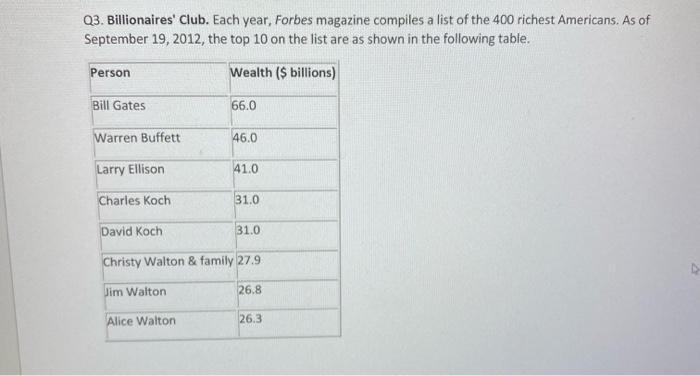 Solved Q3. Billionaires' Each year, Forbes magazine | Chegg.com