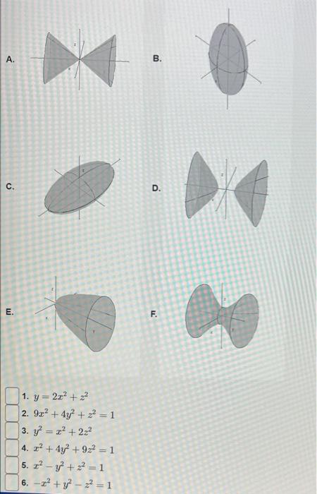 A. C. D. E. F. 1. \( y=2 x^{2}+z^{2} \) 2. \( 9 x^{2}+4 y^{2}+z^{2}=1 \) 3. \( y^{2}=x^{2}+2 z^{2} \) 4. \( x^{2}+4 y^{2}+9 z