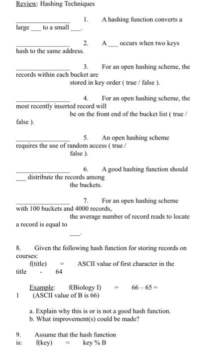 Solved Review: Hashing Techniques 1. A Hashing Function | Chegg.com